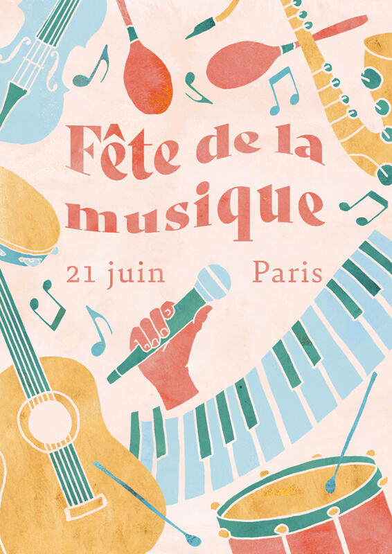 illustration av affisch för musikfestival. Instrument som gitarr, trumma, mikrofon, noter, fiol, tamburin, saxofon, maracas 