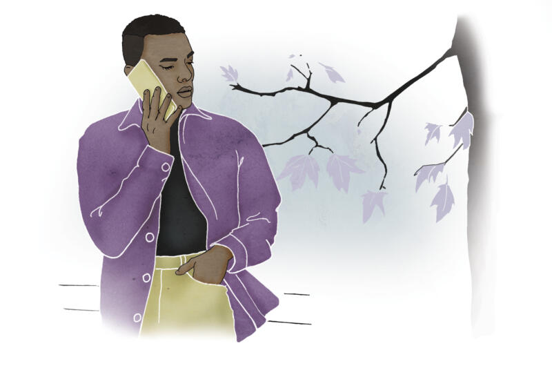 Illustration av Transperson som pratar i mobil med träd i bakgrund