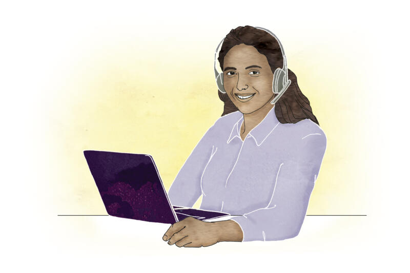 Illustration av kvinnlig telefonsupport med dator framför sig 