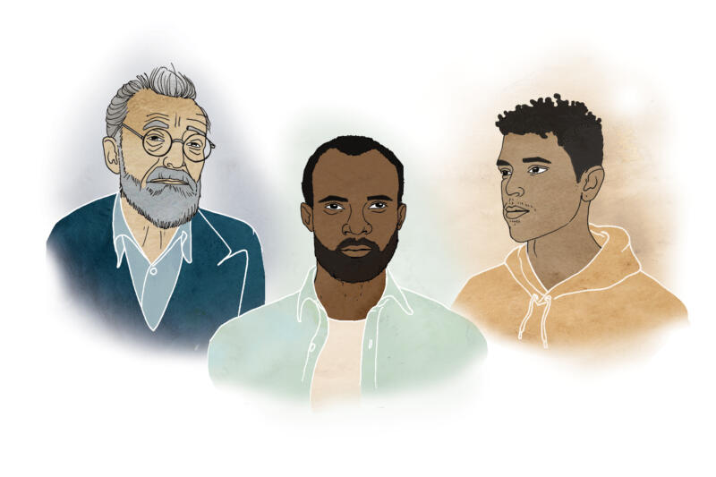Illustration av tre män i olika åldrar och etnisiteter
