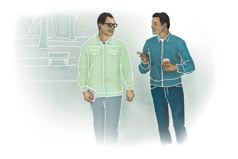 Illustration av två män som samtalar på en promenad i park