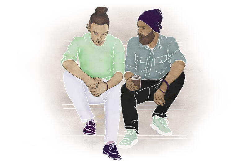 Illustration av två män som samtalar om känslor