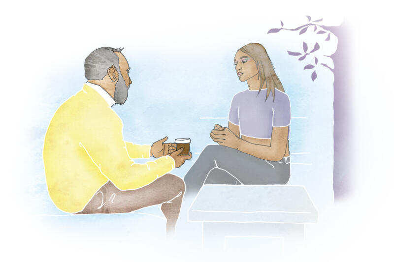Illustration av transkvinna i samtal med sin pappa utomhus
