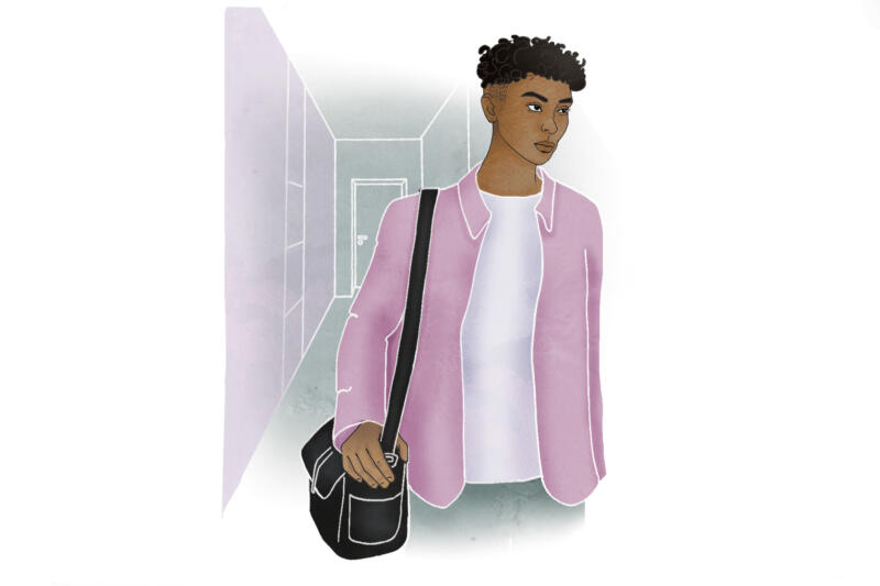 Illustration av transperson går i korridor på jobbet med en väska över axeln