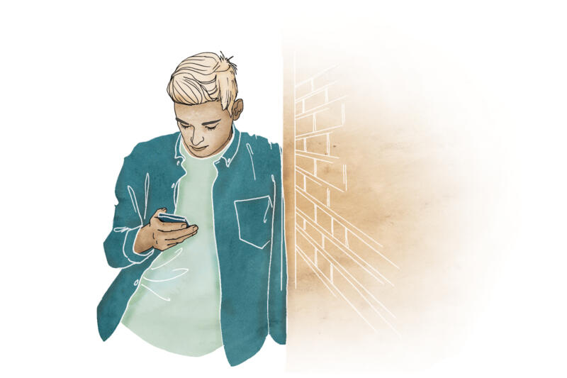 Illustration av ung kille som läser sms på sin mobil lutandes mot en vägg