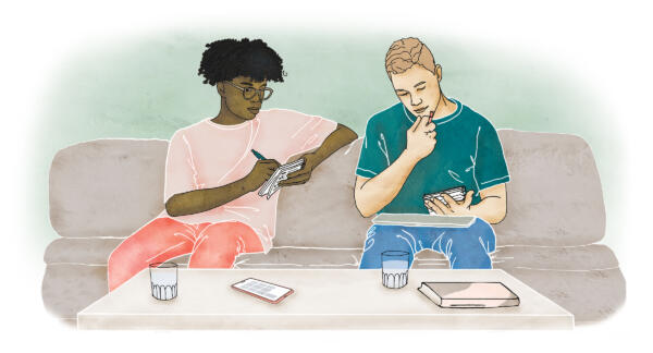 Illustration av unga vuxna killar som planerar i sina kalendrar sittande i soffa med soffbord framför sig