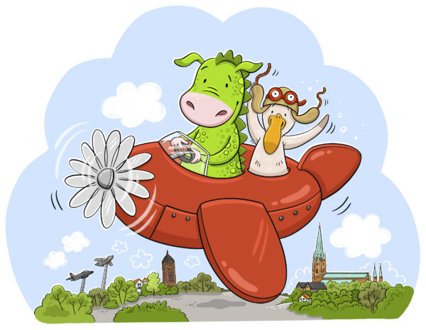 Maskotar på museum, en fotovägg med utskurna hål där man kan ta egna bilder. Står utomhus på lekplats tillsammans med modellflygplan och trampbilar.