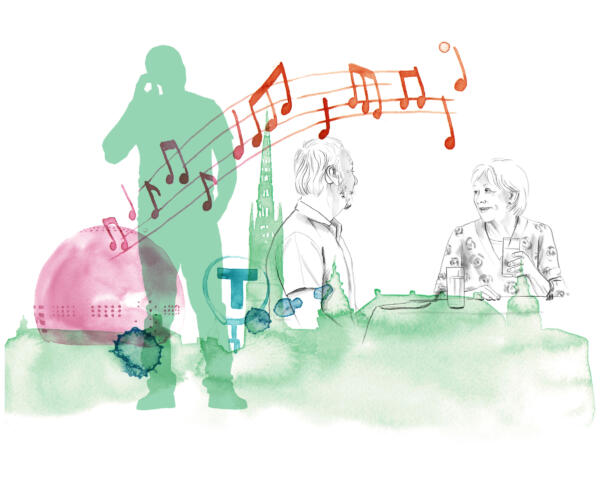 Illustration i blyerts och akvarell på stockholm, globen, ett äldre par som äter middag på restaurang och en siluett av en man