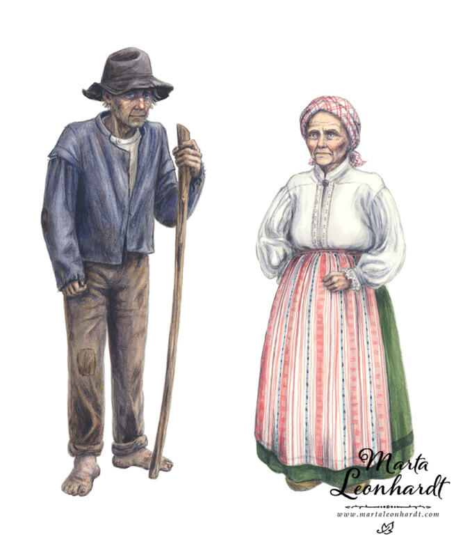 Illustrationer i akvarell till utställning om Allmogeliv, Kulturen i Lund. Historia, läromedel, faktabok, barnbok, barnböcker, bönder, Sverige. Historiska illustrationer av människor i svenskt lantliv, målade för hand.