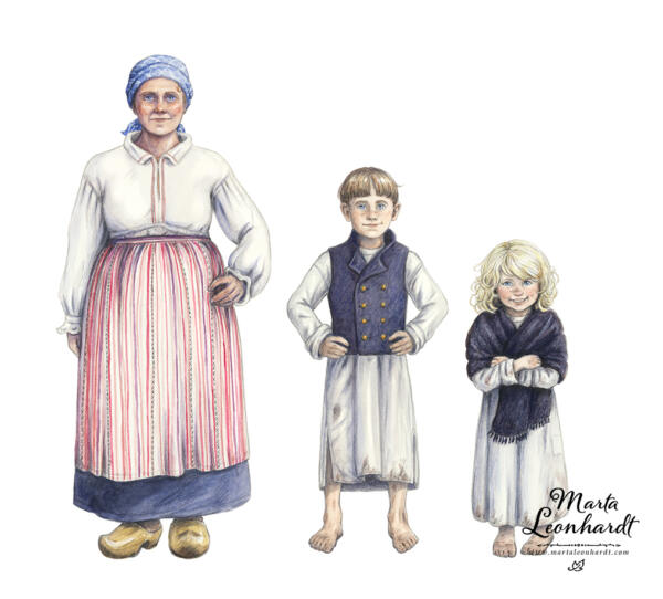 Illustrationer i akvarell till utställning om Allmogeliv, Kulturen i Lund. Historia, läromedel, faktabok, barnbok, barnböcker, bönder, Sverige. Historiska illustrationer av människor i svenskt lantliv, målade för hand. Gammaldags bondeliv, nostalgi.