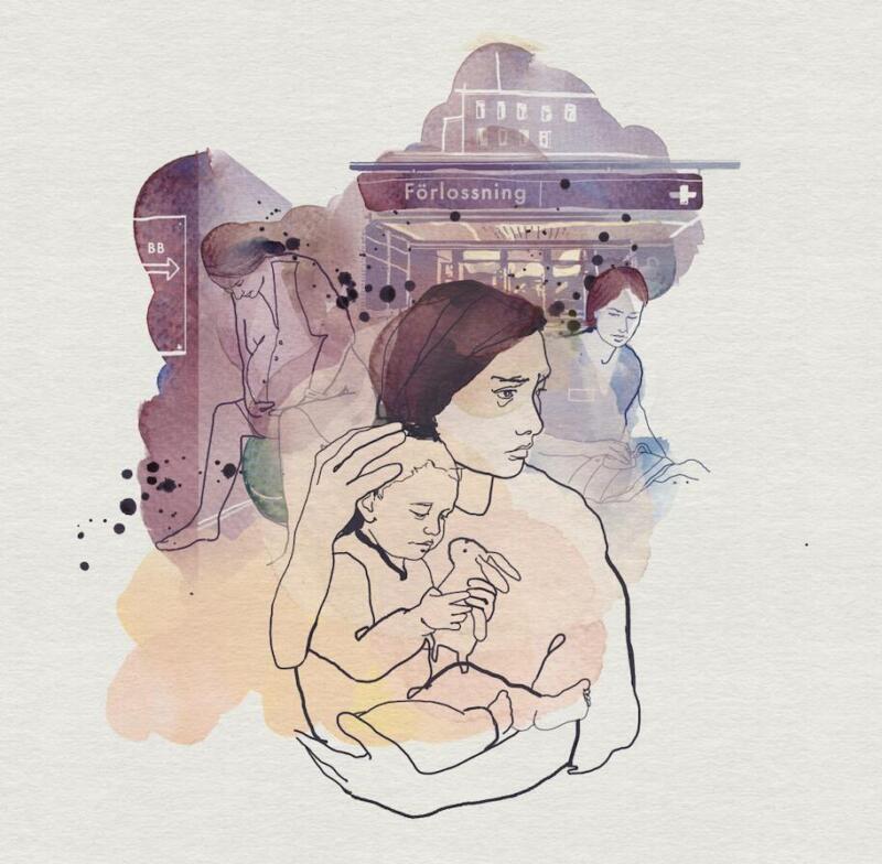 illustration av en ledsen kvinna som håller ett litet barn i famnen. Illustrationer av traumatiska minnen från förlossningen på sjukhus