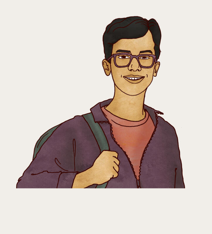 Illustrerat porträtt på tonårspojke med glasögon och ryggsäck