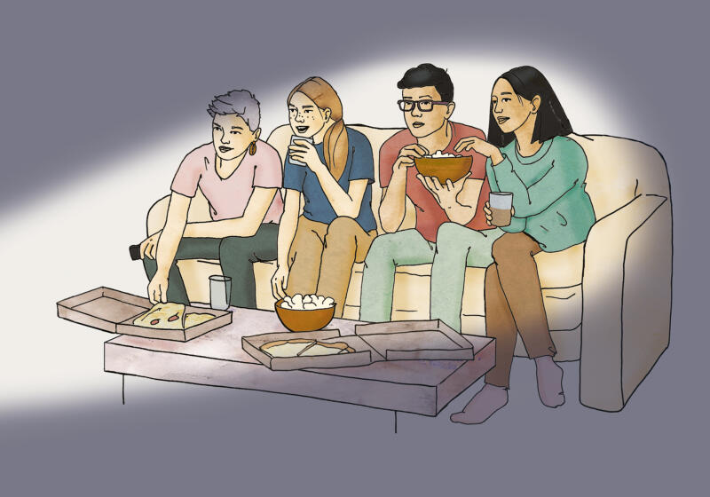 Illustration av tonårsgänget som tittar på film tillsammans och äter pizza