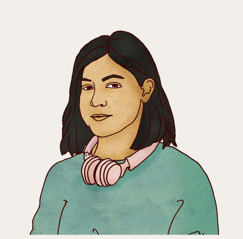 Illustrerat porträtt på tonårsflicka med rosa hörlurar