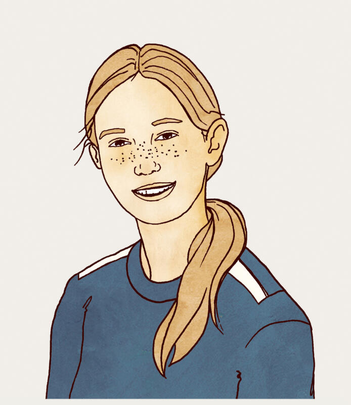 Illustrerat porträtt på tonårsflicka med fotbollströja och hästsvans