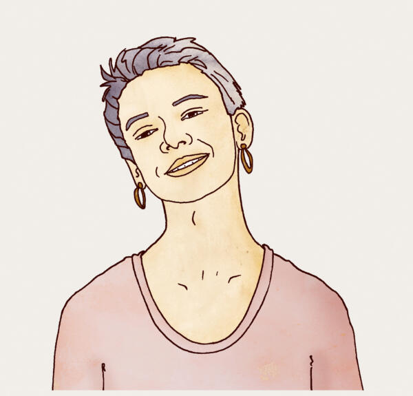 Illustrerat porträtt på tonåring ickebinär med rosa tröja och lila hår