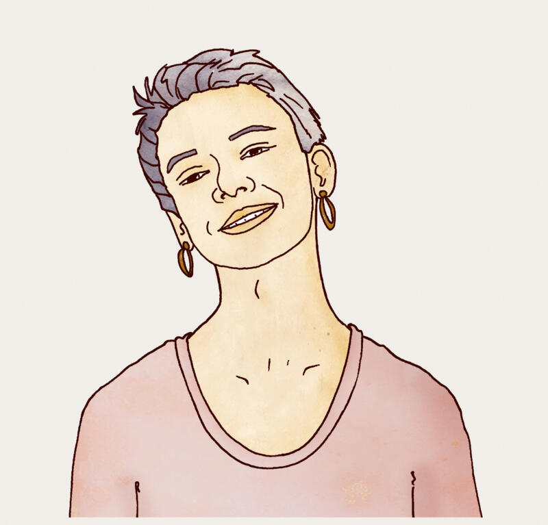 Illustrerat porträtt på tonåring ickebinär med rosa tröja och lila hår