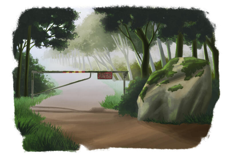 Illustration av en metallbom som spärrar av en stig. Bredvid bommen finns en stor sten.