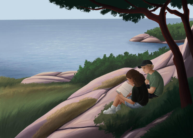 Illustration av två barn som sitter på en klippavsats och läser i en bok.
