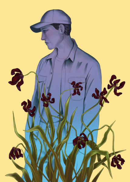 Unga man som ser sorgsen ut, omgiven av vissna tulpaner mot en gul bakgrund