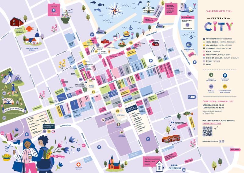 Färgglad karta som på ett grafiskt och illustrativt sätt beskriver stadens utbud