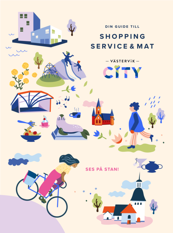 Illustrationer av byggnader, människor, djur och natur som ingår i konceptet för Västerviks stadsutbud