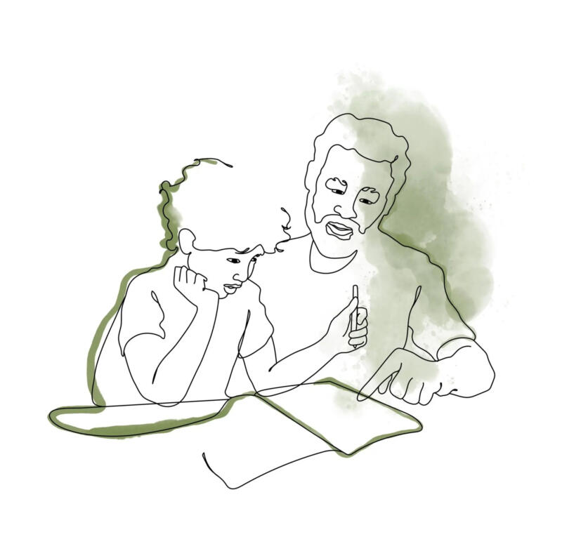 Illustration av vuxen som hjälper barn med skolarbete