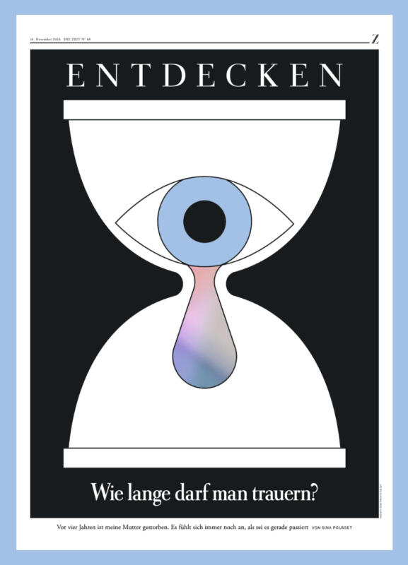 Illustrationen visar ett timglas med ett gråtande öga som symboliserar tiden som den efterlevande har sörjt.