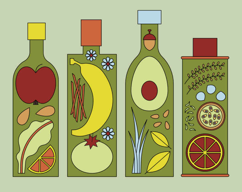 En illustration av fyra flaskor olivolja med olika grönsaker, frukt och nötter i som representerar de olika noterna olivolja kan ha.