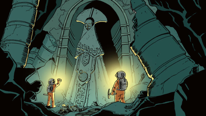 Två astronauter vid en underjordisk utgrävning har hittat en enorm staty