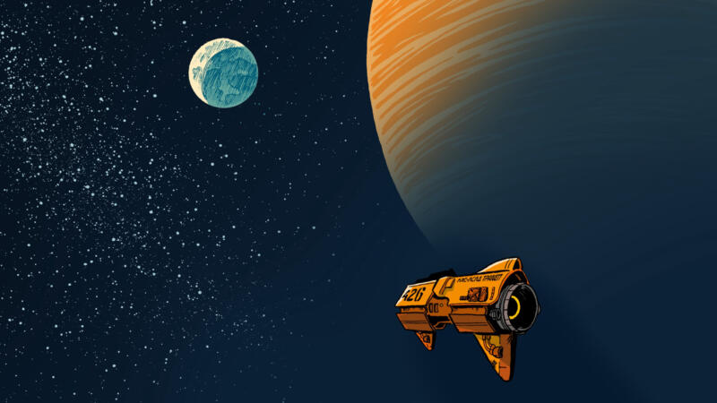 Rymdskepp av frakttyp färdas genom rymden i en fiktiv värld