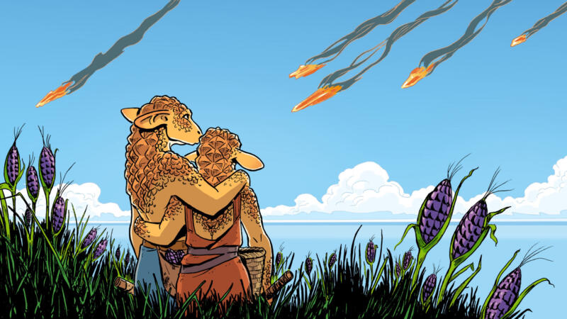 Två utomjordiska varelser ser brinnande vrakdelar falla från himlen från sitt fält