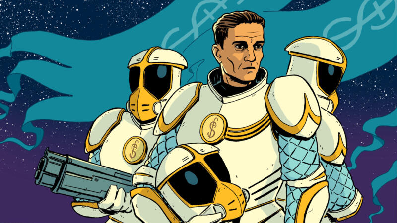 Tre science fiction-soldater i en propaganda-aktig komposition