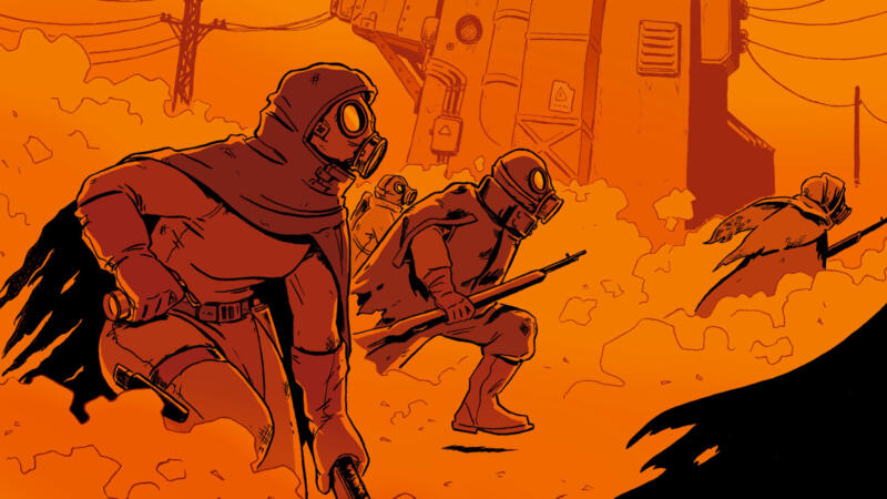 Rövare i gasmask springer igenom röken genom någon typ av utpost