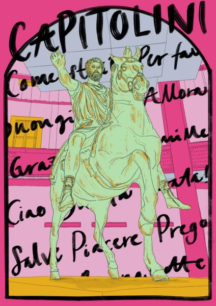 Ritad staty av man på häst, italienska handskrivna ord i bakgrunden