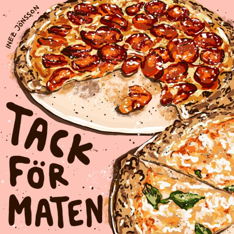 Två saftiga goda och digitalt illustrerade pizzor och den runda handskrivna texten "tack för maten"