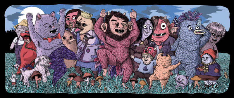 Olika monster stora och små har en fest och dansar. Tre stora monster har inspiration från Maurice Sendaks ”i vildingarnas land”