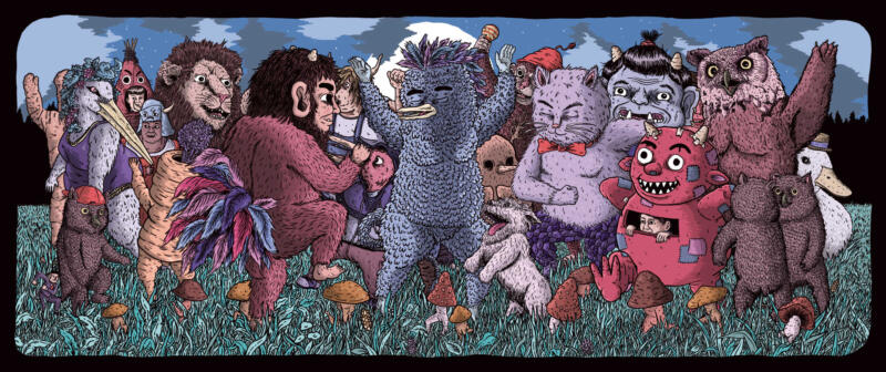 Olika monster stora och små har en fest och dansar. Tre stora monster har inspiration från Maurice Sendaks ”i vildingarnas land”