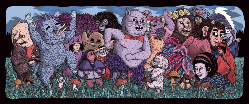 Olika monster stora och små har en fest och dansar. Tre stora monster har inspiration från Maurice Sendaks ”i vildingarnas land”