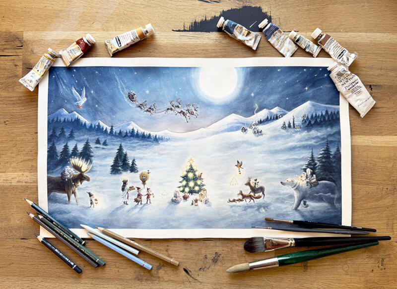 Illustration och grafisk design till PostNords julfrimärken 2024 "En sagolik jul". Målade i akvarell. Svensk natur, snölandskap med isbjörn, brevbärare, paket, post och kuvert. Frimärke.