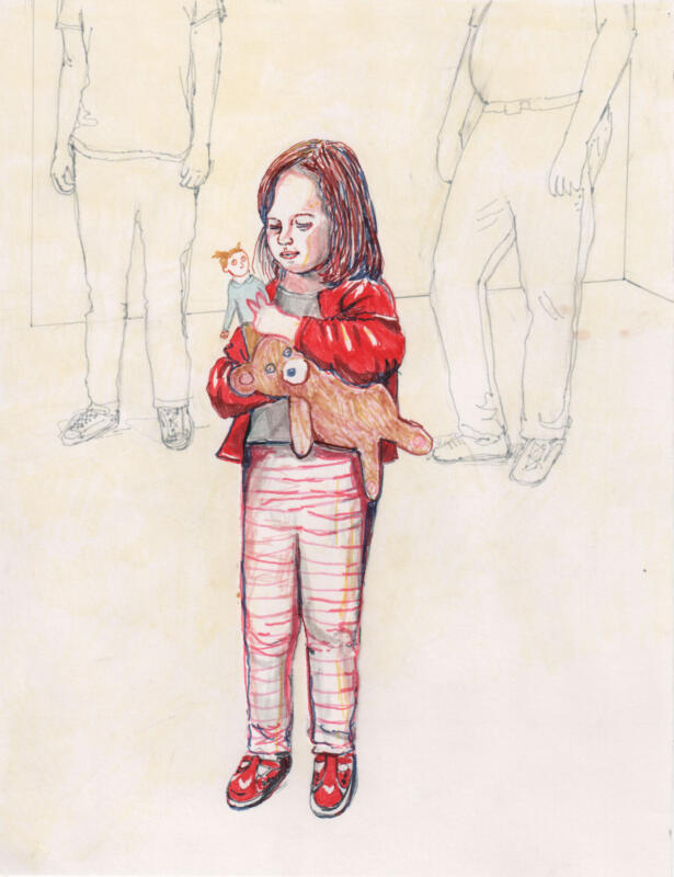 Illustration som visar ett barn som håller i en nalle med sina föräldrar i bakgrunden.