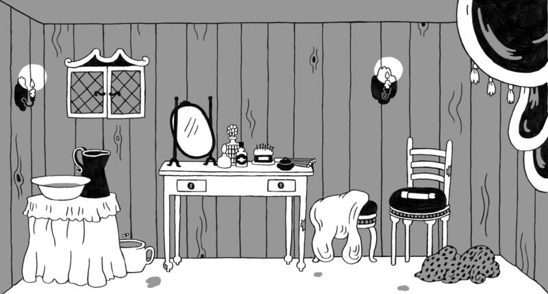 Interiör i 1800-tals bordell, förlaga till teaterkuliss