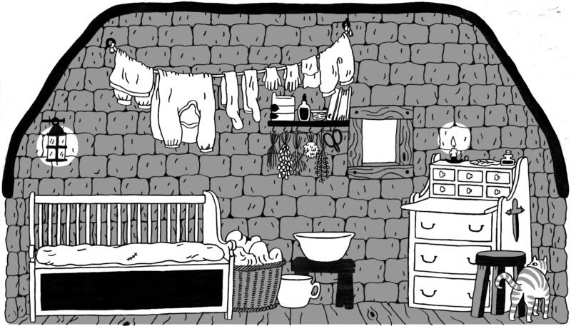 Interiör i stuga, förlaga till teaterkuliss