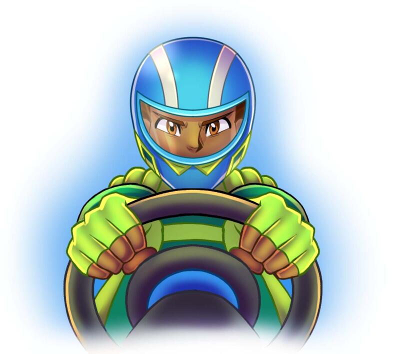 Digital teckning av en kille i manga stil med racing hjälm som håller i en ratt med en bestämd blick.