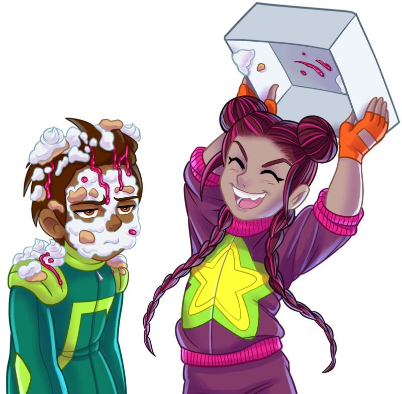 Digital teckning i manga stil av en pojke som är täckt i tårta och en flicka som skrattar hånfullt och håller i tårtans kartong.