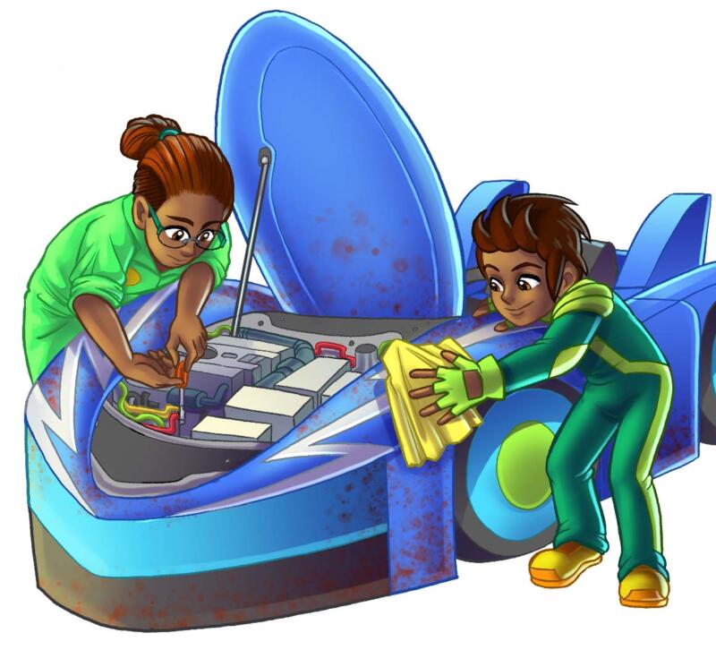 Digital teckning i manga stil av två bröder som mekar och städar en blå racing bil.