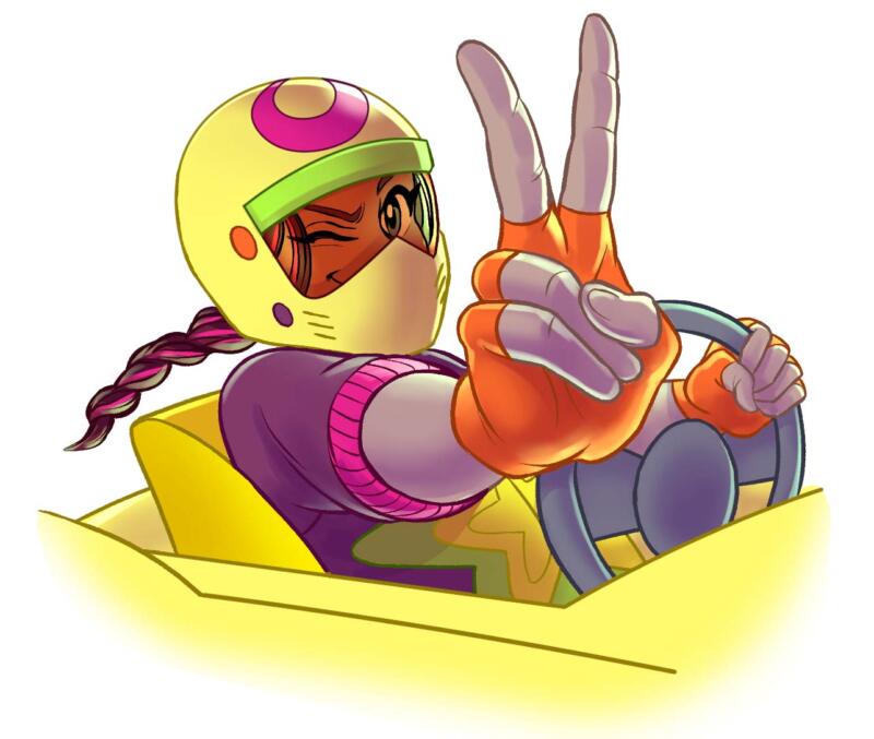 Digital teckning av en kaxig tjej i manga stil som kör en färgglad racing bil och gör segertecknet.