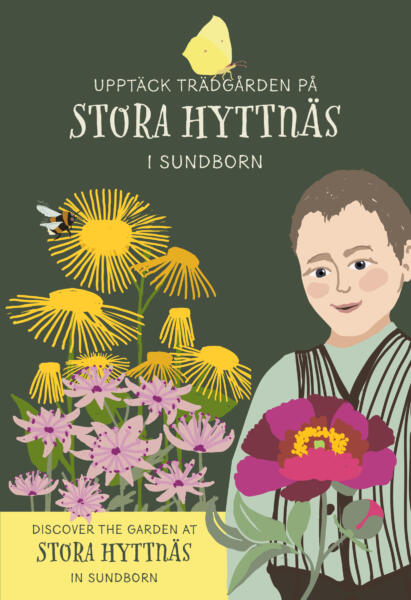 Pojke bjuder in till sin trädgård. Han står vid stora blommor.