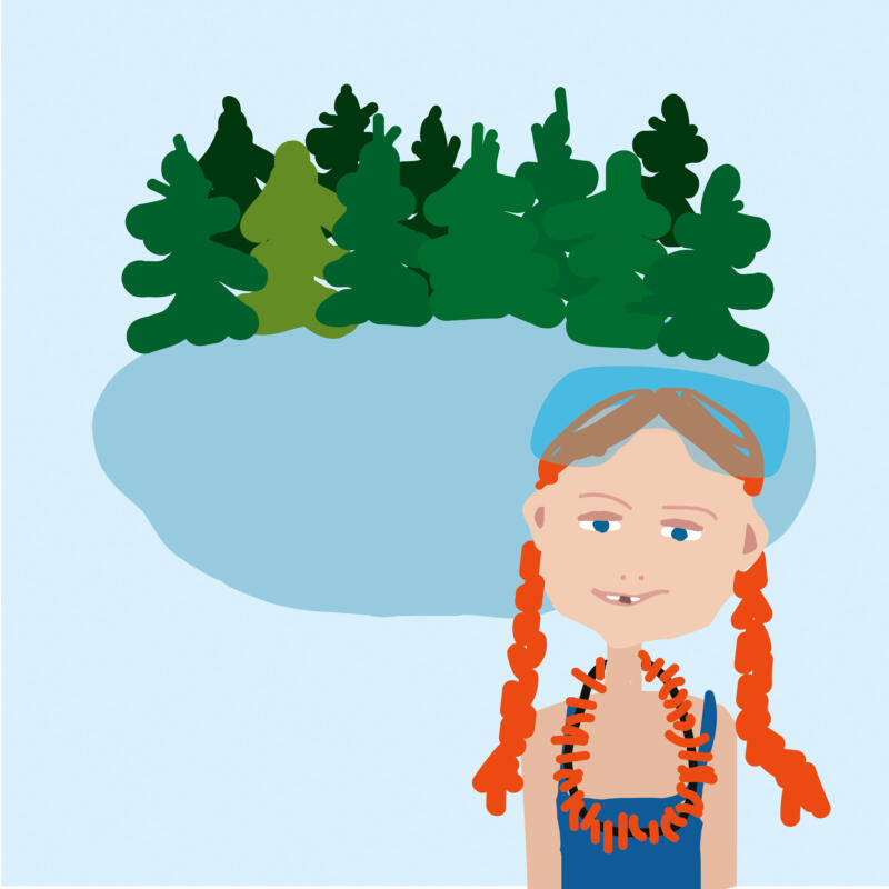 Flicka med flätor framför en liten sjö. hon har ett halsband som hon fått av pappa