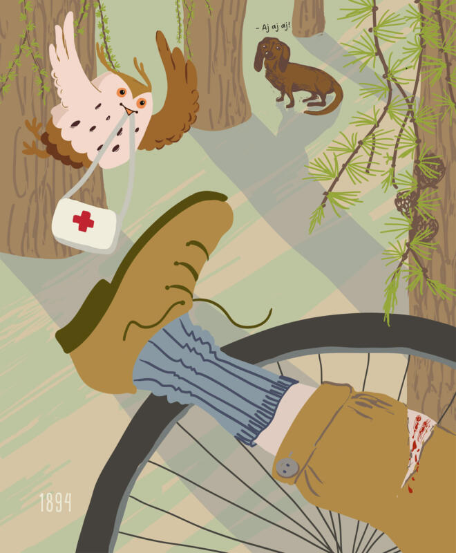 Närbild av ett ben med ett skrubbsår på knäet och ett cykelhjul. En uggla flyger med en förbandslåda i näbben. En tax tittar på.